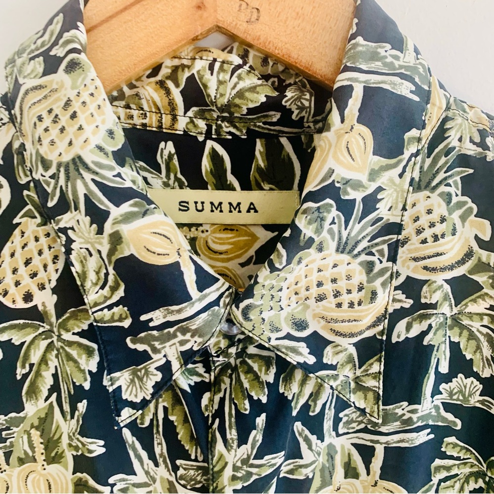 Vintage Summa Silk Hawaian Button Down Shirt Pineapple Print Black